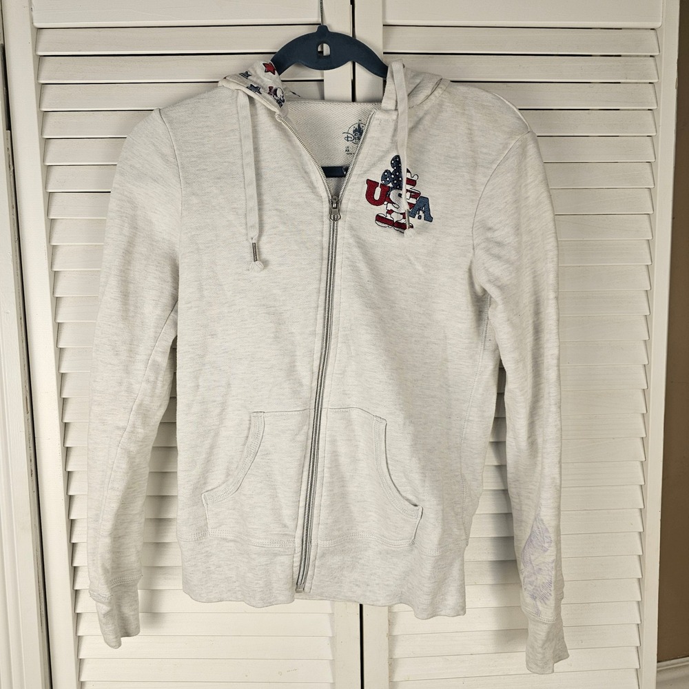 Disney Parks‎ Womens Gray Mickey Mouse USA Full Zip Hoodie Jacket XS - Flaw